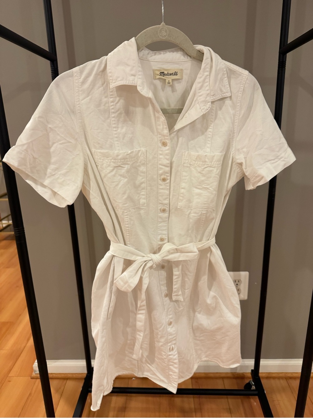 Madewell White Short-Sleeve Button-Front Shirt Dress with Tie